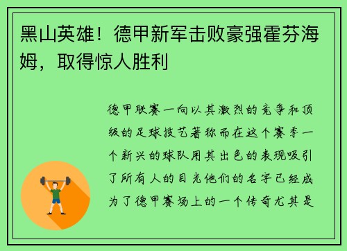 黑山英雄！德甲新军击败豪强霍芬海姆，取得惊人胜利